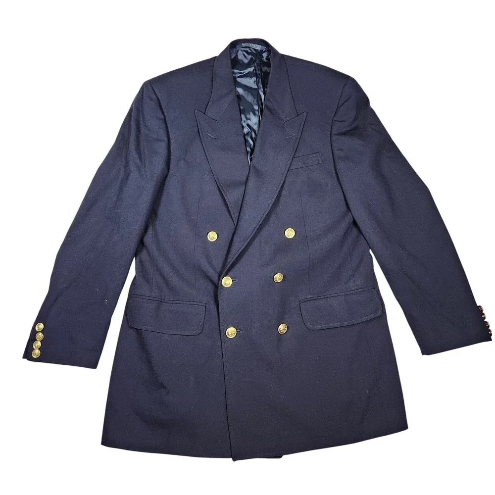 Vintage 90s Lands End 40L Navy Wool Double Breasted Blazer‎ Gold Crest Buttons